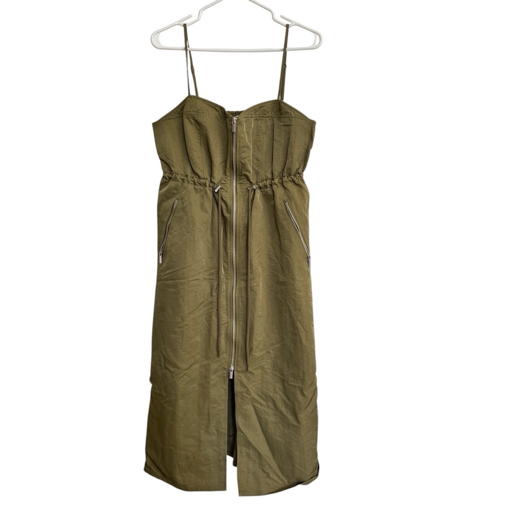 Future Collective Zip Front Dress Olive Green Size L Nylon Spaghetti Strap Midi